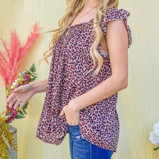 AND THE WHY Leopard Print Ruffle Shoulder Sleeveless Top - The Perfect Pair
