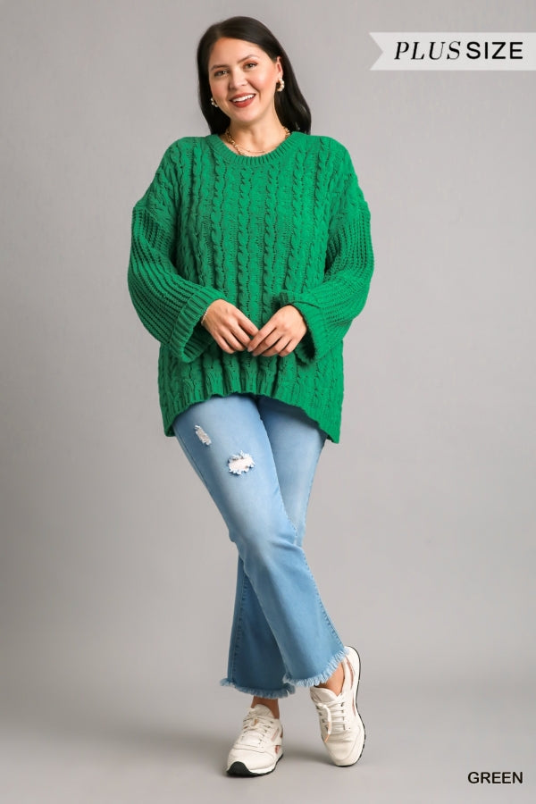 Umgee Cuffed Long Sleeve Chenille Cable Knit Pullover Sweater- Green