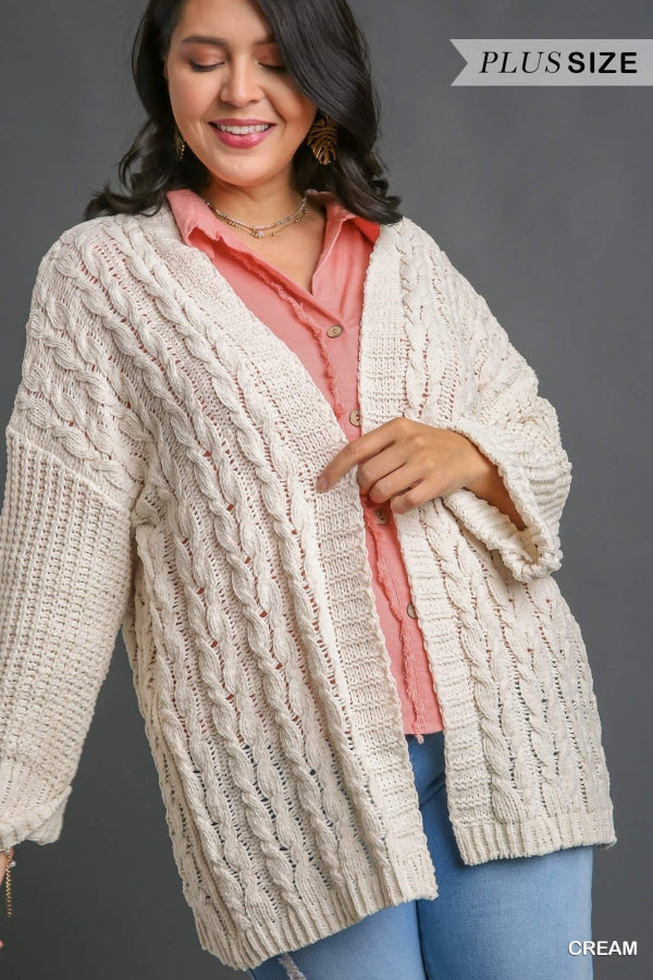Umgee Plus Size Cream 3/4 Folded Sleeve Open Front Cable Knit Cardigan - The Perfect Pair  - [boutique]