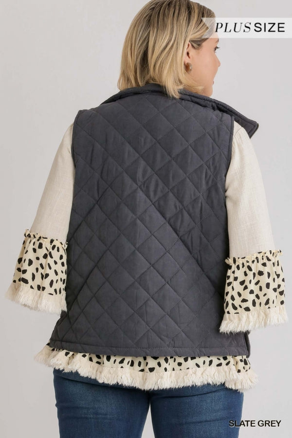Umgee Quilted Collared Zip Up Vest with Pockets and Contrast Sherpa Front
