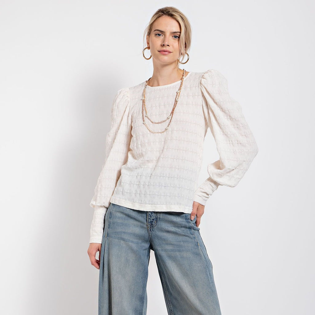 Easel Pleated Puff Shoulder Sleeve Textured Top - The Perfect Pair  - [boutique]