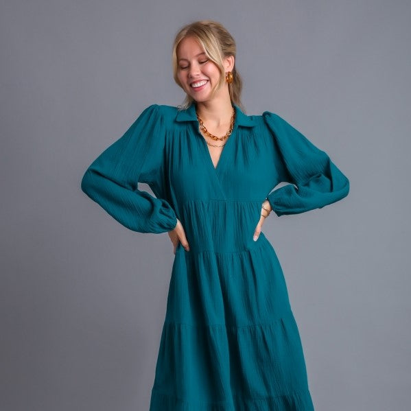 Umgee Teal Gauze Long Sleeve Collar Split Neck Tiered Maxi Dress - The Perfect Pair  - [boutique]
